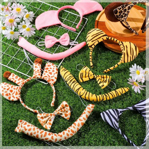 Vista 4 de 12 diademas de orejas de animales, bandas para el pelo de animales de safari, zoológico de selva, decoraciones de fiesta, tigre y león, vaca