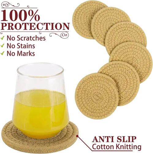 Vista 3 de Casaphoria Posavasos tejidos de algodón para bebidas, absorbentes, resistentes al calor, 6 unidades, marrón, redondo, 4.3 pulgadas