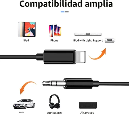 Vista 2 de Cable auxiliar para iPhone (certificado MFi de Apple), cable de audio Lightning a 1/8 pulgadas, 3.3 pies, adaptador de conector de auriculares