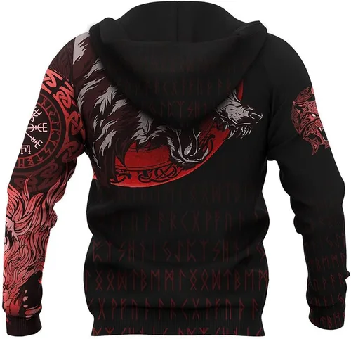 Vista 2 de Fenrir Wolf - Sudadera con capucha con estampado 3D de brújula vikinga, sudadera con cremallera completa para hombre, chaqueta casual de calle