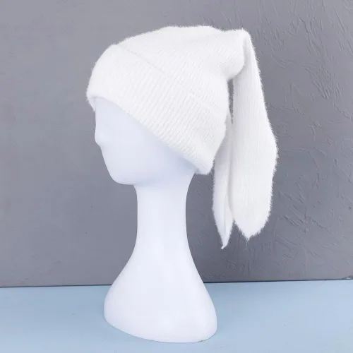 Vista 2 de Gorro de conejo para mujer, lindo conejo de ganchillo, gorro de invierno, cálido gorro de calavera para esquí al aire libre