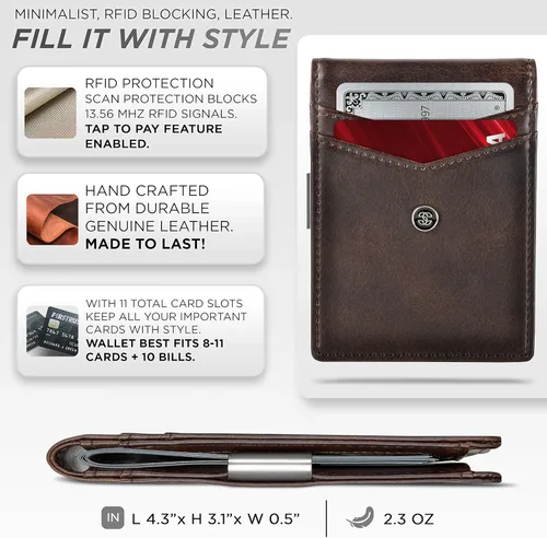 Vista 35 de Suavell Billeteras delgadas de cuero para hombres. Cartera con clip para dinero. Cartera de perfil bajo RFID Cartera minimalista