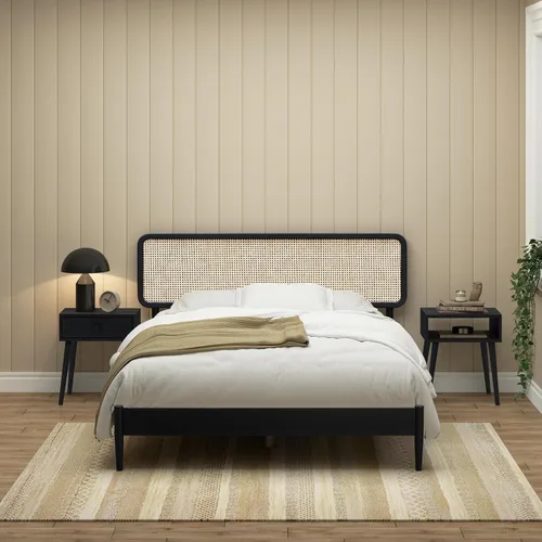 Vista 16 de Lupin - Base de cama de madera con cabecero, base de madera de roble macizo y goma con listones silenciosos y soportes centrales de madera, Negro