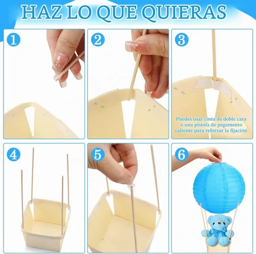 Vista 3 de Baquler Juego de 12 centros de mesa con globos aerostáticos para baby shower, bricolaje, linternas de papel, de peluche, cestas de madera para Azul
