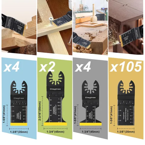 Vista 3 de Hojas de sierra oscilantes, Diagtree 115 piezas de hojas de multiherramienta oscilante de titanio para metal, madera y plástico, compatibles