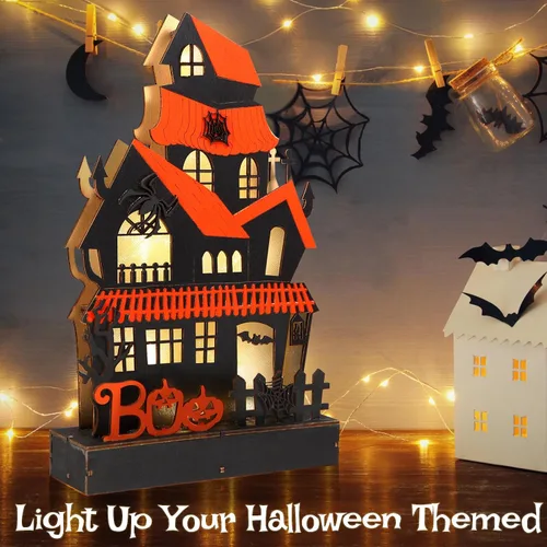 Vista 3 de Decoraciones de Halloween para interiores, luces de casa embrujada, decoración de mesa de madera para el hogar, funciona con pilas, decoración