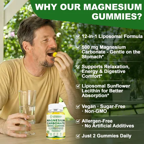 Vista 8 de Gomitas liposomales de carbonato de magnesio de 500 mg - Suplemento de magnesio con Ashwagandha, L-teanina, calcio y vitamina D3 para apoyo muscular