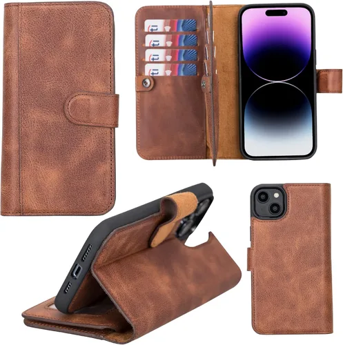 Vista 18 de HARDISTON Funda de piel auténtica de alta calidad hecha a mano para iPhone 7/8 / SE doble folio tarjetero - Funda magnética desmontable - Soporte