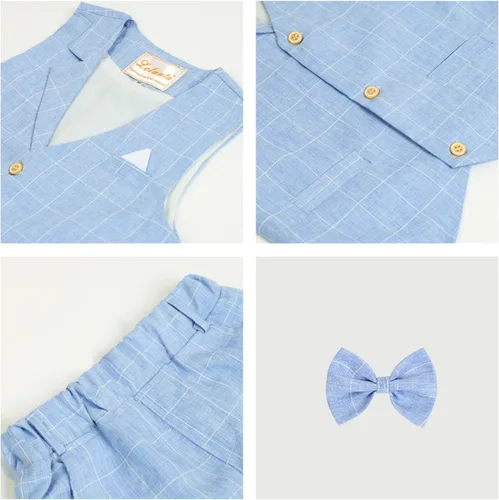 Vista 3 de Traje de verano para niños, ropa de vestir para niños, traje de portador de anillo de boda, 4 piezas, camisa, chaleco y pantalones cortos