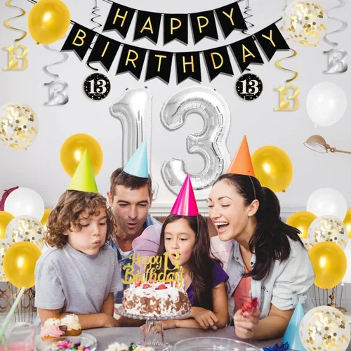 Vista 3 de Decoraciones de cumpleaños número 13 para niños y niñas, suministros de fiesta de cumpleaños número 13 negro dorado con pancarta colgante en espiral