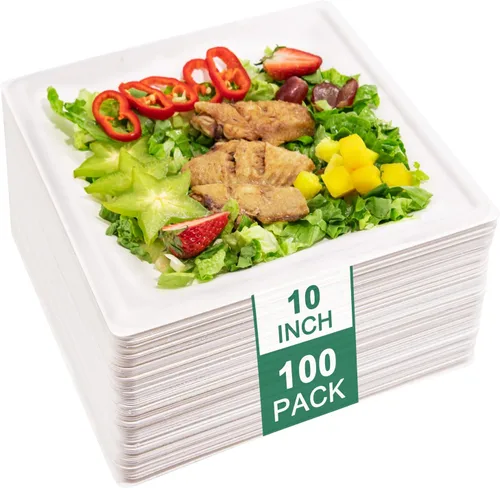Vista 10 de SUT Platos de papel compostables de 6 pulgadas, 100 platos cuadrados biodegradables de bagazo, platos resistentes para microondas, platos