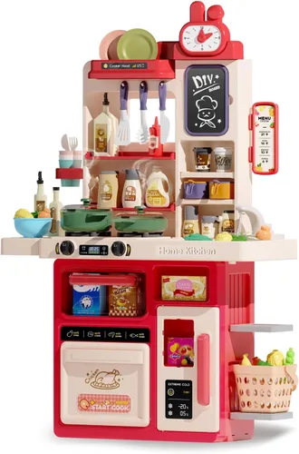 Vista 9 de Juego de Cocina para Niños, 63 Piezas de Juguetes de Cocina de Juego de Simulación para Niños Pequeños, Estufa de Cocina con Sonido de Vapor y Luz