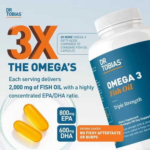 Vista 2 de Dr. Tobias Omega 3 Aceite de Pescado, 2000 mg Fuerza Triple con 800 mg EPA 600 mg DHA Por Porción, Suplementos de Aceite de Pescado Omega 3