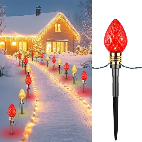 Vista 8 de Brightown Paquete de 2 Luces de Sendero Navideñas C9 de Fresa para Exteriores - Total 34.8 Pies 20 Luces LED de Sendero Navideño, Luces de Navidad