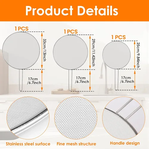 Vista 3 de 3 protectores contra salpicaduras para sartén, 9.8 pulgadas, 11.4 pulgadas, 13 pulgadas, pantallas de salpicaduras de acero inoxidable, protector