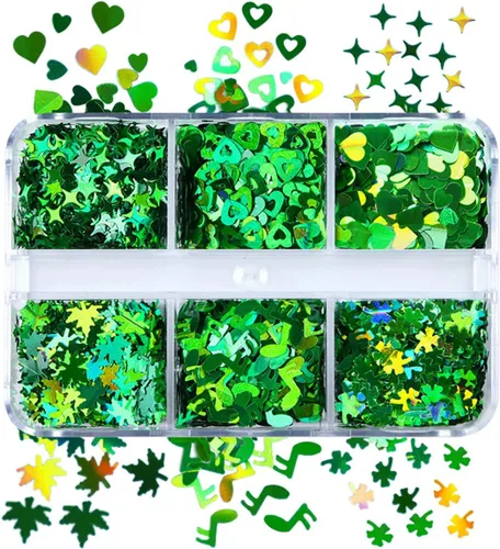 Vista 4 de 6 rejillas para arte de uñas del día de San Patricio, lentejuelas 3D, trébol, estrellas, estrellas, corazón, hojas, trébol, diseños de uñas
