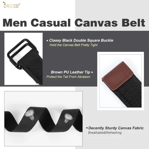 Vista 3 de JASGOOD Cinturones de tela de lona para hombres y mujeres, cinturones de tela con hebilla de doble anillo negro, paquete de 2