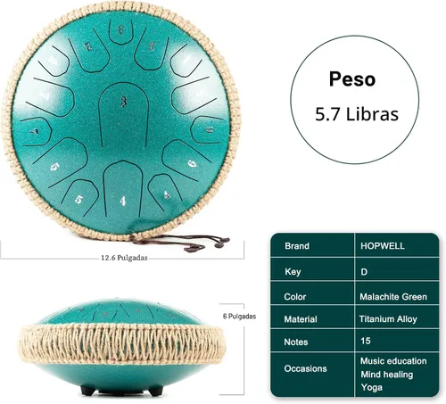 Vista 5 de HOPWELL Tambor de Lengua de Acero - 13 Pulgadas 15 Notas Tambor de Lengua - Tambor Handpan con Libro de Música, Mazos para Tambores Handpan y Bolsa