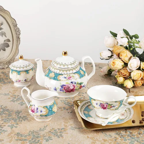 Vista 4 de fanquare Juego de té de porcelana europea de 21 piezas, tazas y platillos verde azulado para 6, juego de regalo de té azul para adultos