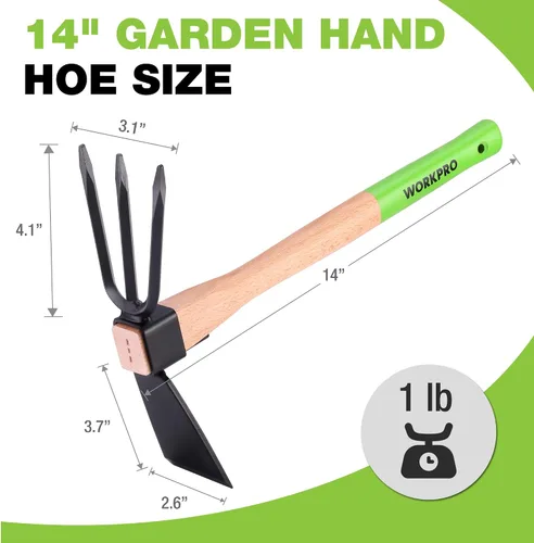 Vista 3 de WORKPRO Azada y Cultivador Rastrillo de Jardín con Mango de Madera de 14", Hoja de Azada Afilada y Cultivador Resistente de 3 Garras, Herramientas