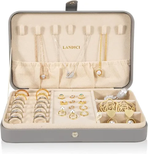 Vista 2 de LANDICI - Caja de joyería pequeña para mujeres y niñas, estuche organizador de joyería de viaje de cuero PU, soporte portátil para almacenamiento