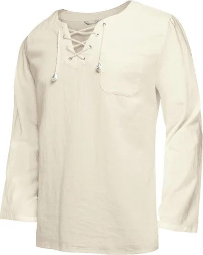 Vista 5 de COOFANDY Camisas de lino de algodón para hombre con cordones estilo casual playa hippie cuello en V