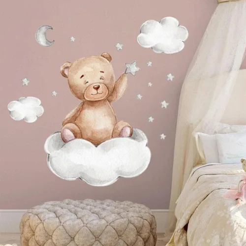 Vista 8 de Enfudid - 2 calcomanías de pared de oso de peluche durmiendo en la luna y estrellas para habitación de niños, habitación de bebé, habitación