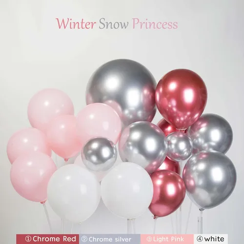 Vista 6 de Kit de arco de guirnalda de globos de invierno rosa, cromado, plateado, rojo y blanco con globos de copo de nieve para niñas Onederland princesa