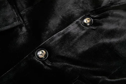 Vista 4 de THWEI Blazer de terciopelo para hombre, chaqueta de traje sólido de moda ajustada Negro