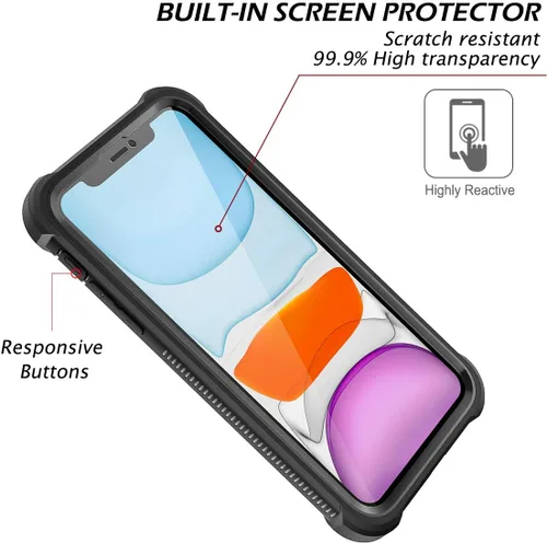 Vista 3 de Dexnor Funda para iPhone 11 con protector de pantalla, transparente, resistente 360, protección de cuerpo completo, a prueba de golpes, parte