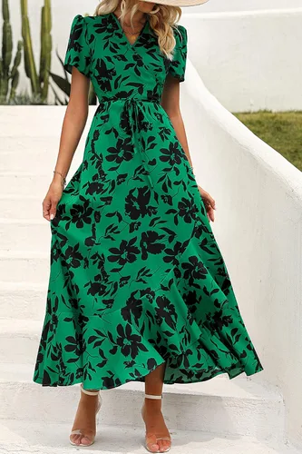 Vista 7 de PRETTYGARDEN - Vestido largo de verano cruzado para mujer, con cuello en V, estilo bohemio, floral, manga corta, dobladillo con volantes