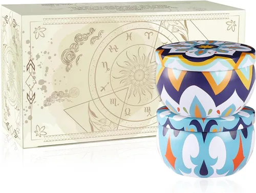 Vista 5 de Paquete de 2 velas perfumadas de 2.2 onzas en tarros de hierro - Estilo Victoria - Perfectas para viajes, yoga, baño - Velas vibrantes y coloridas