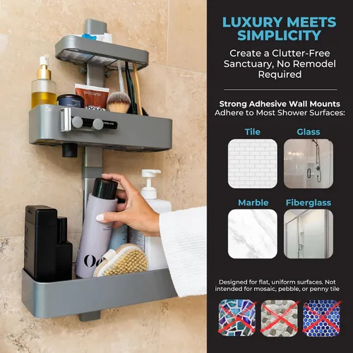 Vista 6 de ShowerSMART Organizador de ducha higiénico resistente a la corrosión, organizador de baño colgante con estantes ajustables, bandejas fáciles