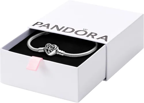 Vista 2 de Pandora Moments Pulsera de cadena de serpiente con cierre de corazón de árbol genealógico Compatible Moments Charms Pulsera de plata de ley