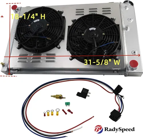 Vista 2 de Radiador de aluminio de 4 filas, cubierta y ventiladores para Chevy 70-81 Camaro/78-87 Monte Carlo, radiador de repuesto, radiador de aluminio