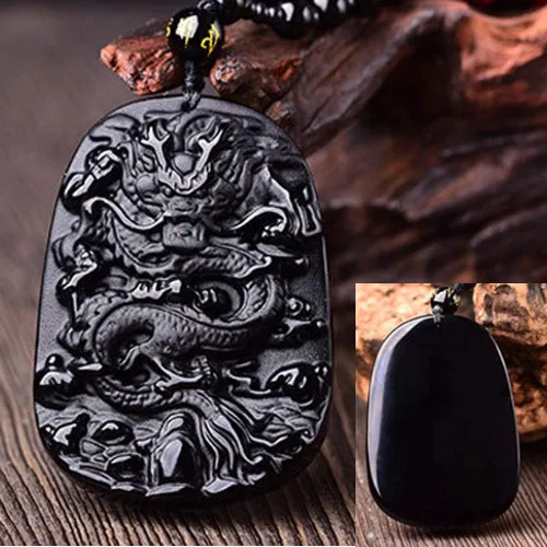 Vista 5 de Colgante valiente de obsidiana natural, cierre seguro, collar de dragón y fénix, estela de dragón chino de piedra tallada, colgante de unicornio