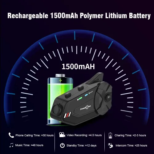 Vista 7 de FreedConn R1plus - Casco de motocicleta con Bluetooth e intercomunicador con cámara 1080P y radio FM 1000 M.