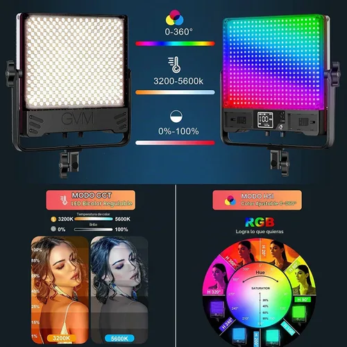 Vista 5 de GVM - Luz de video LED de 50 W con softboxes, RGB+bicolor de doble cara, cada lado 50 W, kit de iluminación de video con control Bluetooth, luces