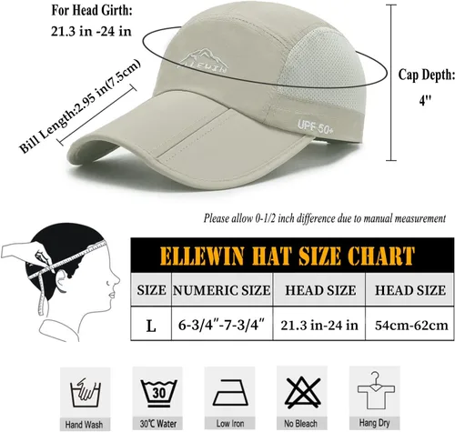 Vista 58 de ELLEWIN Gorra de béisbol unisex UPF 50 sin estructura, con pico grande y plegable