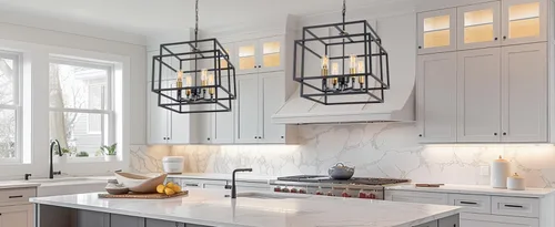 Vista 7 de Maxax Lámpara de araña cuadrada moderna, 4 luces colgantes de granja, para isla de cocina, comedor, dormitorio, sala de estar, acabado negro y dorado