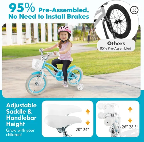 Vista 4 de COSTWAY Bicicleta para niños de 12, 14, 16, 18 pulgadas, bicicleta para niños con ruedas de entrenamiento, frenos de mano y posavasos, sillín