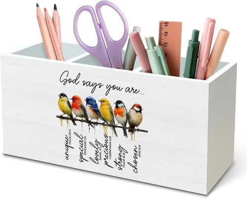 Vista 14 de DILSJ Hummingbird - Organizador de lápices inspirador para escritorio, regalos inspiradores para mujeres, citas motivacionales, caja de madera
