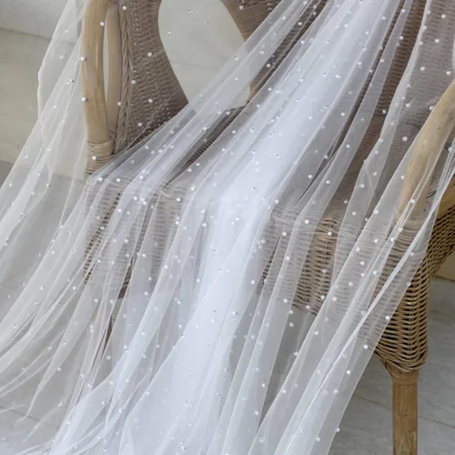 Vista 3 de Calidad novia viel perlas tul 180"x63" para vestidos blanco (marfil claro) Tull tela