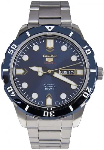 Vista 3 de Seiko 5 deportes automático esfera azul acero inoxidable 100M reloj para hombre SRP677