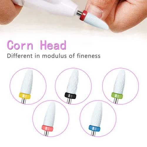 Vista 4 de Juego de brocas de cerámica de cabeza de maíz profesional de 5 tamaños con soporte para lima de uñas eléctrica, manicura, pedicura, esmalte de gel