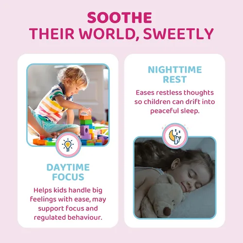 Vista 5 de Kids Calm - Gomitas de bisglicinato de magnesio y azafrán + Omega 3 vegano, suplemento quelado de glicinato de magnesio para niños con L-teanina
