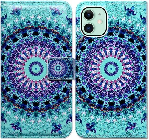 Vista 22 de Bcov Funda para iPhone 11, funda de piel con tapa y función atril para iPhone 11, diseño de flores y mariposas azules