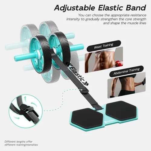 Vista 4 de Double-Wheel Ab Roller for Core Training – Rebound Design with Adjustable Elastic Band, Silent Non-Slip Wheels, Detachable Build, Knee Pad & Bands