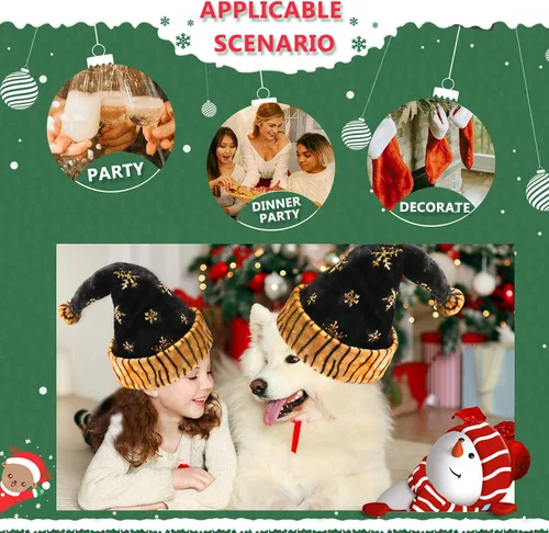 Vista 4 de QTKJ Sombrero de Navidad, sombrero de Papá Noel, tela de terciopelo suave y grueso, textura de copos de nieve con purpurina dorada, regalo