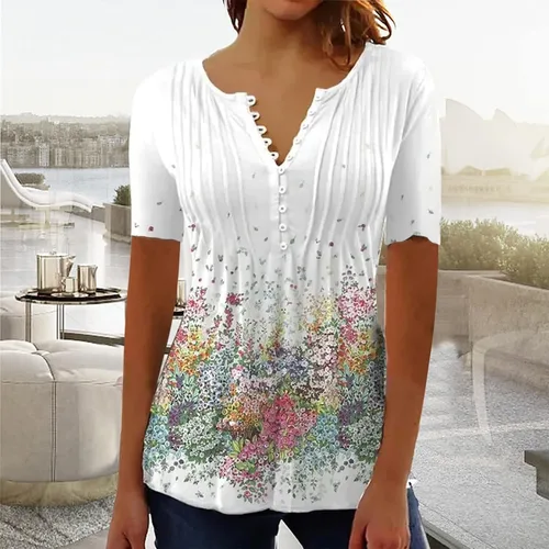 Vista 2 de SMIDOW Womens Tunic Tops Trendy Vintage Boho Shirts Short Sleeve Notch v Neck t-Shirt 2023 Casual Summer Blouse Empire Waist
